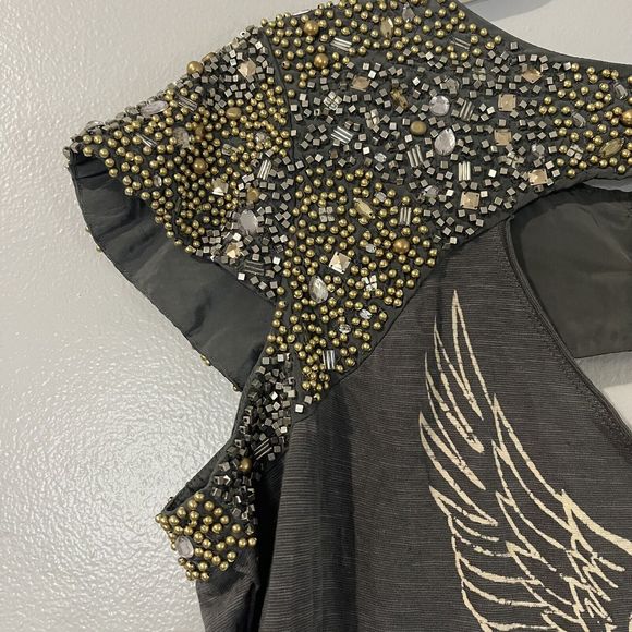 WE THE FREE Jeweled Shirt Women’s Large Gray Studded Eagle Grunge Casual Biker - Picture 2 of 10